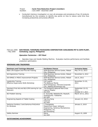 Project : Cycle Time Reduction Project (member)
Duration : June 2009 - December 2009
• Conducted intensive investigation on over all processes and procedures of top 10 products
manufactured by the company to identify key points on how to reduce cycle time thus
increasing productivity and process efficient
February 2009
– May 2009
SAN MIGUEL YAMAMURA PACKAGING CORPORATION-CANLUBANG PET & CAPS PLANT,
Canlubang, Laguna, Philippines
Operation Technician – PET Plant
• Operates Caps and Handle Molding Machine. Evaluates machine performance and facilitate
production optimization.
SEMINARS AND TRAININGS
Seminars and Trainings Attended Facilitator/Venue Inclusive Dates
Basic Life Support and First Aid Training Shell Business Service Center, Makati
City, Philippines
May 14-15, 2013
Q4 Ergonomics Training Shell Business Service Center, Makati
City, Philippines
November 6, 2012
SD-DMAIC in MSVC Improvement Projects Shell Business Service Center, Makati
City, Philippines
July 6, 2012
Leadership Training
Effective Supervisory Skills Workshop
Lito Lupena
The Bellevue Manila
North Bridgeway, Filinvest Corporate
City, Alabang Muntinlupa City
November 21-22,
2011
Standard First Aid and BLS-CPR training for Lay
Rescuers
The Philippine National Red Cross
Laguna Chapter
ALI-AVR
September 22-23,
2011
October 6-7, 2011
8D Problem Solving K. Guico/KB. Matalote/VA. Reyes/E.
Supangco/RJ. Toledanes
ALI AVR
March 10-11, 2011
Engineering Aspects of Tablet Coating Yap Eng Song
Colorcon
ALI AVR
January 12, 2010
Sartorius Combics 3 and Sartorius ProControl
for Windows
J. Evangelista
Department Head, Software
Engineering, Sartorius Mechatronics
Philippines, Inc.
ALI Processing
January 5, 2010
Safety Seminar Merck
ALI AVR
August 19, 2009
OUTSTANDING ACHIEVEMENT
 