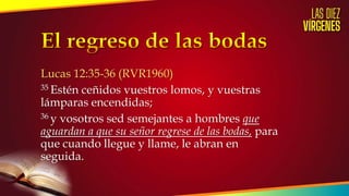 Lucas 12:35-36 (RVR1960)
35 Estén ceñidos vuestros lomos, y vuestras
lámparas encendidas;
36 y vosotros sed semejantes a hombres que
aguardan a que su señor regrese de las bodas, para
que cuando llegue y llame, le abran en
seguida.
 