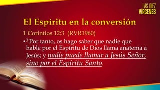1 Corintios 12:3 (RVR1960)
•3 Por tanto, os hago saber que nadie que
hable por el Espíritu de Dios llama anatema a
Jesús; y nadie puede llamar a Jesús Señor,
sino por el Espíritu Santo.
 