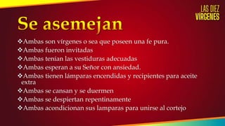 Ambas son vírgenes o sea que poseen una fe pura.
Ambas fueron invitadas
Ambas tenían las vestiduras adecuadas
Ambas esperan a su Señor con ansiedad.
Ambas tienen lámparas encendidas y recipientes para aceite
extra
Ambas se cansan y se duermen
Ambas se despiertan repentinamente
Ambas acondicionan sus lamparas para unirse al cortejo
 
