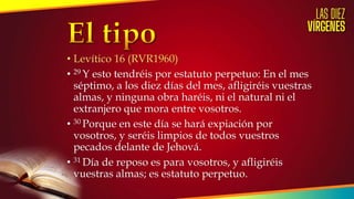 • Levítico 16 (RVR1960)
• 29 Y esto tendréis por estatuto perpetuo: En el mes
séptimo, a los diez días del mes, afligiréis vuestras
almas, y ninguna obra haréis, ni el natural ni el
extranjero que mora entre vosotros.
• 30 Porque en este día se hará expiación por
vosotros, y seréis limpios de todos vuestros
pecados delante de Jehová.
• 31 Día de reposo es para vosotros, y afligiréis
vuestras almas; es estatuto perpetuo.
 