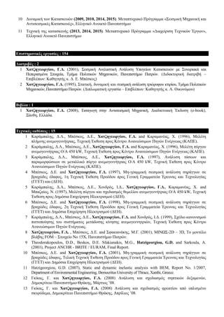 10 Γπλακηθή ησλ Καηαζθεπώλ (2009, 2010, 2014, 2015). Μεηαπηπρηαθό Πξόγξακκα «Σεηζκηθή Μεραληθή θαη
Αληηζεηζκηθέο Καηαζθεπέο», Διιεληθό Αλνηθηό Παλεπηζηήκην
11 Τερληθή ηεο θαηαζθεπήο (2013, 2014, 2015). Μεηαπηπρηαθό Πξόγξακκα «Γηαρείξηζε Τερληθώλ Έξγσλ»,
Διιεληθό Αλνηθηό Παλεπηζηήκην
Δπηζηεκνληθέο εξγαζίεο : 154
Γηαηξηβέο : 2
1 Χαηδεγεωξγίνπ, Γ.Γ. (2001), Σεηζκηθή Αλειαζηηθή Αλάιπζε Υπνγείσλ Καηαζθεπώλ κε Σπλνξηαθά θαη
Πεπεξαζκέλα Σηνηρεία, Τκήκα Πνιηηηθώλ Μεραληθώλ, Παλεπηζηήκην Παηξώλ. (Γηδαθηνξηθή δηαηξηβή –
Δπηβιέπσλ: Καζεγεηήο θ. Γ. Δ. Μπέζθνο)
2 Χαηδεγεωξγίνπ, Γ.Γ. (1995), Σηαηηθή, δπλακηθή θαη ζεηζκηθή αλάιπζε ηξηώξνθνπ θηηξίνπ, Τκήκα Πνιηηηθώλ
Μεραληθώλ, Παλεπηζηήκην Παηξώλ. (Γηπισκαηηθή εξγαζία – Δπηβιέπσλ: Καζεγεηήο θ. Α. Οηθνλόκνπ)
Βηβιία : 1
1 Χαηδεγεωξγίνπ, Γ.Γ. (2008), Δηζαγσγή ζηελ Αληηζεηζκηθή Μεραληθή, Γηαδηθηπαθή Έθδνζε (e-book),
Ξάλζε, Διιάδα.
Σερληθέο εθζέζεηο : 15
1 Καξάκπαιεο, Γ.Λ., Μπέζθνο, Γ.Δ., Χαηδεγεωξγίνπ, Γ.Γ. and Καξακαλέαο, Φ. (1996), Μειέηε
πιήκλεο αλεκνγελλήηξηαο, Τερληθή Έθζεζε πξνο Κέληξν Αλαλεώζηκσλ Πεγώλ Δλέξγεηαο (ΚΑΠΔ).
2 Καξάκπαιεο, Γ.Λ., Μπέζθνο, Γ.Δ., Χαηδεγεωξγίνπ, Γ.Γ. and Καξακαλέαο, Φ. (1996), Μειέηε πύξγνπ
αλεκνγελλήηξηαο Ο/Α 450 kW, Τερληθή Έθζεζε πξνο Κέληξν Αλαλεώζηκσλ Πεγώλ Δλέξγεηαο (ΚΑΠΔ).
3 Καξάκπαιεο, Γ.Λ., Μπέζθνο, Γ.Δ., Χαηδεγεωξγίνπ, Γ.Γ. (1997), Αλάιπζε ηάζεσλ θαη
παξακνξθώζεσλ ζε κεηαιιηθό πύξγν αλεκνγελλήηξηαο Ο/Α 450 kW, Τερληθή Έθζεζε πξνο Κέληξν
Αλαλεώζηκσλ Πεγώλ Δλέξγεηαο (ΚΑΠΔ).
4 Μπέζθνο, Γ.Δ. and Χαηδεγεωξγίνπ, Γ.Γ. (1997), Με-γξακκηθή ζεηζκηθή αλάιπζε ζεξάγγσλ ζε
βξαρώδεο έδαθνο, 1ε Τερληθή Έθζεζε Πξνόδνπ πξνο Γεληθή Γξακκαηεία Έξεπλαο θαη Τερλνινγίαο
(ΓΓΔΤ) θαη (ΓΔΗ).
5 Καξάκπαιεο, Γ.Λ., Μπέζθνο, Γ.Δ., Φνλδξόο, Ι.Γ., Χαηδεγεωξγίνπ, Γ.Γ., Καξακαλέαο, Φ. and
Μπαδαίνο, Ν. (1997), Μειέηε πύξγνπ θαη ζρεδηαζκόο ζεκειίνπ αλεκνγελλήηξηαο Ο/Α 450 kW, Τερληθή
Έθζεζε πξνο Γεκόζηα Δπηρείξεζε Ηιεθηξηζκνύ (ΓΔΗ).
6 Μπέζθνο, Γ.Δ. and Χαηδεγεωξγίνπ, Γ.Γ. (1998), Με-γξακκηθή ζεηζκηθή αλάιπζε ζεξάγγσλ ζε
βξαρώδεο έδαθνο, 2ε Τερληθή Έθζεζε Πξνόδνπ πξνο Γεληθή Γξακκαηεία Έξεπλαο θαη Τερλνινγίαο
(ΓΓΔΤ) θαη Γεκόζηα Δπηρείξεζε Ηιεθηξηζκνύ (ΓΔΗ).
7 Καξάκπαιεο, Γ.Λ., Μπέζθνο, Γ.Δ., Χαηδεγεωξγίνπ, Γ.Γ. and Φνλδξόο, Ι.Γ. (1999), Σρέδην θαλνληζκνύ
πηζηνπνίεζεο ηνπ ζπζηήκαηνο κεηάδνζεο θίλεζεο αλεκνγελλεηξηώλ, Τερληθή Έθζεζε πξνο Κέληξν
Αλαλεώζηκσλ Πεγώλ Δλέξγεηαο.
8 Χαηδεγεωξγίνπ, Γ.Γ. , Μπέζθνο, Γ.Δ. and Σθαθηαλάθεο, Μ.Γ. (2001), ΜΙΝΩΣ-2D – 3D, Τν κνληέιν
βιάβεο FOM – Σηνηρείν No 15Φ, Παλεπηζηήκην Παηξώλ.
9 Theodorakopoulos, D.D., Beskos, D.E. Sfakianakis, M.G., Hatzigeorgiou, G.D. and Sarkoula, A.
(2001), Project ANCHR - BRITE / EURAM, Final Report.
10 Μπέζθνο, Γ.Δ. and Χαηδεγεωξγίνπ, Γ.Γ. (2001), Με-γξακκηθή ζεηζκηθή αλάιπζε ζεξάγγσλ ζε
βξαρώδεο έδαθνο, Τειηθή Τερληθή Έθζεζε Πξνόδνπ πξνο Γεληθή Γξακκαηεία Έξεπλαο θαη Τερλνινγίαο
(ΓΓΔΤ) θαη Γεκόζηα Δπηρείξεζε Ηιεθηξηζκνύ (ΓΔΗ).
11 Hatzigeorgiou, G.D. (2007), Static and dynamic inelastic analysis with BEM, Report No. 1/2007,
Department of Environmental Engineering, Democritus University of Thrace, Xanthi, Greece.
12 Γθίθαο, Γ. θαη Χαηδεγεωξγίνπ, Γ.Γ. (2008) Αλάιπζε θαη ζρεδηαζκόο ζεπηηθώλ δεμακελώλ,
Γεκνθξίηεην Παλεπηζηήκην Θξάθεο, Μάξηηνο ‟08.
13 Γθίθαο, Γ. θαη Χαηδεγεωξγίνπ, Γ.Γ. (2008) Αλάιπζε θαη ζρεδηαζκόο θξεαηίνπ από νπιηζκέλν
ζθπξόδεκα, Γεκνθξίηεην Παλεπηζηήκην Θξάθεο, Απξίιηνο ‟08.
 