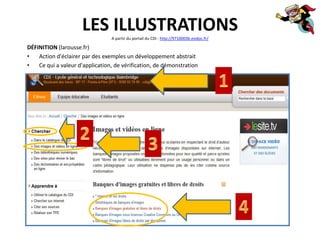 LES ILLUSTRATIONS
                                 A partir du portail du CDI : http://9710003b.esidoc.fr/

DÉFINITION (larousse.fr)
•   Action d'éclairer par des exemples un développement abstrait
•   Ce qui a valeur d'application, de vérification, de démonstration
 