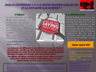 Cyber agent 005

                                                                                                                 Le Forum des droits sur l’Internet
                                                                                                                 [en ligne].
                                                                                                                 Le Forum des droits sur l’Internet.
                                                                                                                 Publié le 21 janvier 2011. Consulté
                                                                                                                 le 20 janvier 2013.
                                                                                                                 Disponible            sur         :
                                                                                                                 http://www.foruminternet.org/p
                                                                                                                 articuliers/fiches-
http://www.shutterstock.com/cat.mhtml?searchterm=diffamation#id=99668558&src=2a32baceb169bb711a5ecf6cf44843e3-
1-2                                                                                                              pratiques/juniors/la-verite-si-j-
http://www.shutterstock.com/cat.mhtml?lang=en&search_source=search_form&version=llv1&anyorall=all&safesearch=1   mens/quelle-difference-y-a-t-il-
&searchterm=insulter&search_group=&orient=&search_cat=&searchtermx=&photographer_name=&people_gender=&peo        entre-injurier-quelqu-un-et-le-
ple_age=&people_ethnicity=&people_number=&commercial_ok=&color=&show_color_wheel=1#id=77080876&src=0ebb6
cf364a2b91969a0f847e6f55460-1-20                                                                                 diffamer-sur-internet.html
 