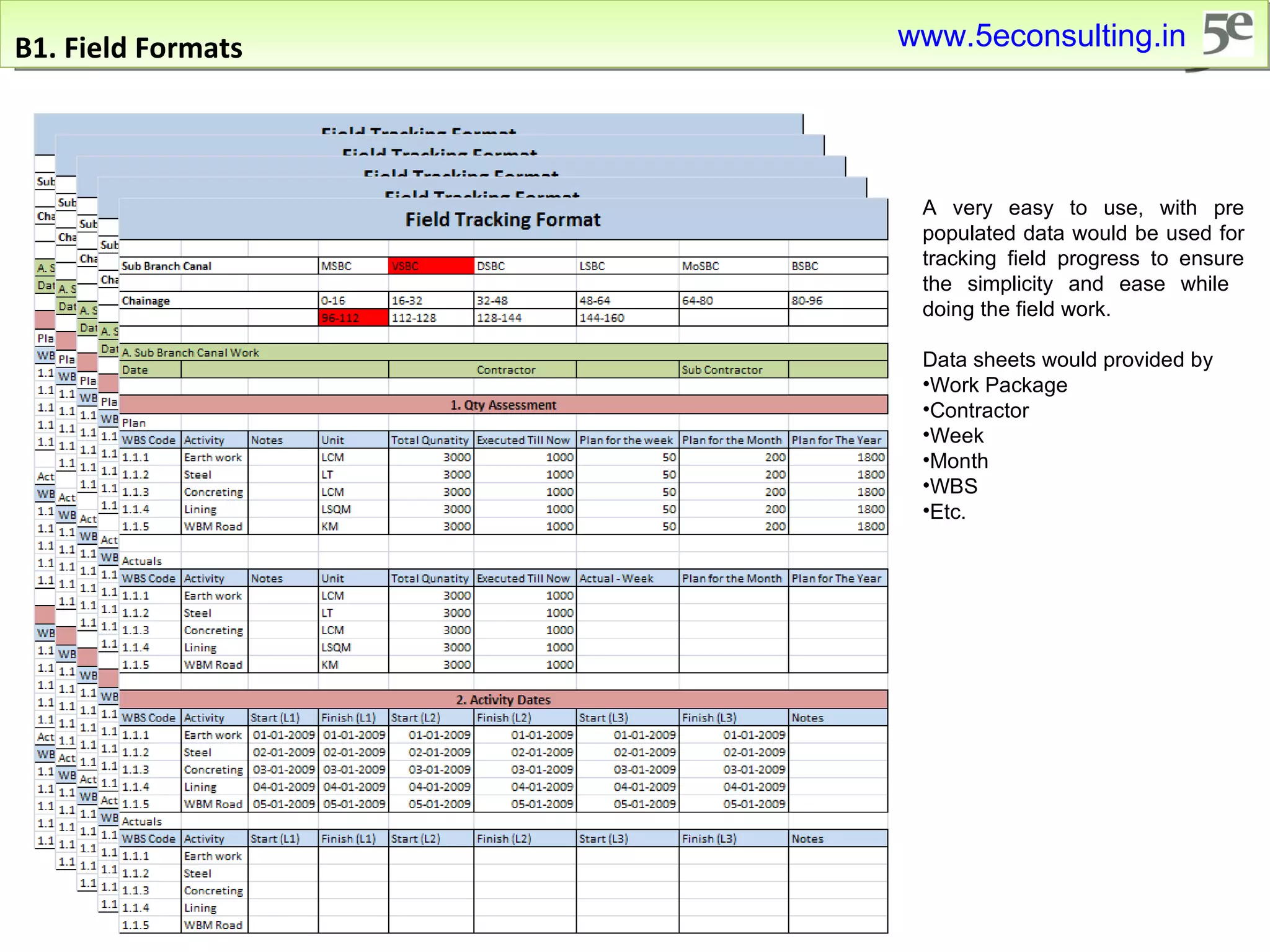 B1. Field Formats A very easy to use, with pre populated data would be used for tracking field progress to ensure the simplicity and ease while  doing the field work. Data sheets would provided by Work Package Contractor Week Month WBS Etc. www.5econsulting.in 