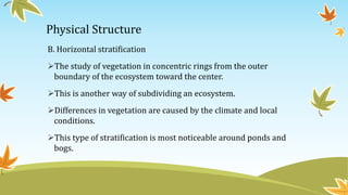 Physical Structure
B. Horizontal stratification
The study of vegetation in concentric rings from the outer
boundary of the ecosystem toward the center.
This is another way of subdividing an ecosystem.
Differences in vegetation are caused by the climate and local
conditions.
This type of stratification is most noticeable around ponds and
bogs.
 