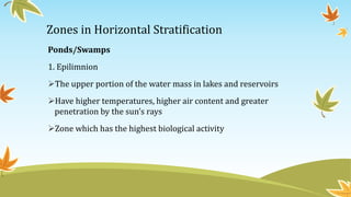 Zones in Horizontal Stratification
Ponds/Swamps
1. Epilimnion
The upper portion of the water mass in lakes and reservoirs
Have higher temperatures, higher air content and greater
penetration by the sun’s rays
Zone which has the highest biological activity
 