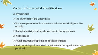 Zones in Horizontal Stratification
2. Hypolimnion
The lower part of the water mass
Water temperature and air content are lower and the light is dim
to dark
Biological activity is always lower than in the upper parts
3. Metalimnion
Found between the epilimnion and hypolimnion
Both the biological conditions in epilimnion and hypolimnion are
persisted
 