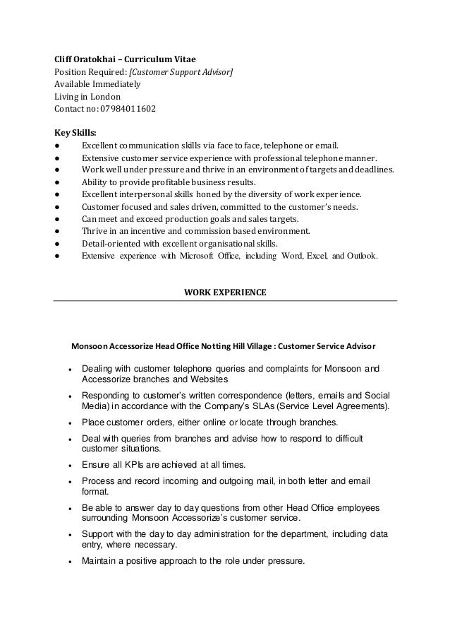 customer service advisor cv