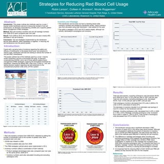 Strategies for Reducing Red Blood Cell Usage
Robin Larson1
, Colleen A. Aronson2
, Nicole Roggeman1
1.Transfusion Service, Advocate Lutheran General Hospital, Park Ridge, IL, United States
2.ACL Laboratories, Rosemont, IL, United States
Abstract:
Introduction: This poster outlines two methods used by a Level 1
trauma center transfusion service to reduce the number of red cell
transfusions: on-demand crossmatching (ODXM) and 3 specific patient
blood management (PBM) strategies.
Method: Red cell inventory numbers and red cell wastage numbers
from 2009-2015 were compared year over year.
Result: From 2009 to 2015, the transfusion service saw a nearly 49%
decrease in red cell inventory.
Conclusion: The two strategies implemented by the transfusion
service were effective, either separately or together, in reducing red
cell transfusions over the period studied.
Introduction:
Faced with a growing body of evidence regarding the safety and
efficacy of transfusions, a decreased donor pool, and pressure to
reduce costs, transfusion services are looking to reduce the number of
red cell (RBC) transfusions.
This poster outlines two of the methods used by a Level 1 trauma
center transfusion service to accomplish this goal: on-demand
crossmatching (ODXM), and a set of three specific patient blood
management (PBM) strategies: lowering the hemoglobin threshold for
transfusion, lowering the default RBC order from 2 units to 1 unit, and
adding decision support regarding red cell transfusion to the
computerized physician order entry (CPOE) system.
Methods:
 Red cell inventory numbers from 2009-2015, obtained by adding the
number of transfused units to the number of wasted units, were
compared year over year.
 ODXM was initiated in 2008.
 Earliest available data was from 2009.
 The PBM strategies outlined above were implemented in 2012.
 Inventory numbers reflect a combination of both methods.
 Product wastage percentages were also compared year over year
for the same period, 2009-2015.
 Inventory numbers were also calculated including and excluding
autologous units.
Conclusions:
1. The transfusion service saw a significant decrease in RBC
inventory of nearly 50% in the seven-year period studied. Although
it is not possible to attribute the portion of reduction in inventory
due to ODXM and PBM separately, the data shows that either or
both of the methods were effective in reducing red cell inventory.
2. The difference in wastage percentages when including and
excluding autologous units suggests that autologous inventory has
a bigger effect on RBC wastage than ODXM or PBM. More
investigation is needed as to why wastage has increased since
2009 when excluding autologous units. It is possible that there is a
baseline “wastage” number that will always be present, and that
the decrease in inventory is causing the percentage to increase.
3. It is expected that the reducing effect of both ODXM and PBM will
plateau as they become the norm for this hospital.
References:
1.Goodnough, LT, Shieh L, Hadhazy E, Cheng N, Khari P, Maggio P. Improved blood utilization using real-time clinical decision support.
Transfusion. 2014 May (54) 1358-65
2.Department of Health and Human Services. The 2011 National Blood Collection and Utilization Survey Report. 2011.
3.Ten Facts about Blood Transfusions (2013). Retrieved from https://advocatehealth.sharepoint.com/sites/AO/Initiatives/transfusion-
safety/Documents/Bloody%20Truth%20Flyer.pdf
4.Transfusion Safety Starts Here (2012). Retrieved from https://advocatehealth.sharepoint.com/sites/AO/Initiatives/transfusion-
safety/Documents/Blood%20Poster.pdf
Results:
Total red cell inventory, including autologous units decreased 48.6%
from 2009-2015: from 13,722 units per year to 7057 units per year.
Total red cell inventory, excluding autologous units, decreased
46.9%: from 13149 units per year to 6981 units per year.
Total autologous inventory decreased from 573 units in 2009 to 76
units in 2015, a decrease of nearly 87%.
The decrease in inventory resulted in an estimated cost savings of
over $1.2 million for the transfusion service.
Wastage, including autologous units, decreased from 2.43% in 2009
to 2.14% in 2015. Wastage, excluding autologous units, increased
from 0.69% in 2009 to 1.25% in 2015. Total number of autologous
units decreased from 573 in 2009 to 76 in 2015.
Figure 4.RBC units transfused through the period 2009-2015, both including and excluding autologous units.
Including autologous units there was a 48.6% decrease in inventory. Excluding autologous units there was a
46.9% decrease.
Figure 1. Mediware flyer which was distributed to medical staff throughout the Advocate system.
Figure 6. Reduction in total cost per year of RBCs over the studied period, assuming $200/unit.
Figure 5. Badges and poster images used to promote the change in hemoglobin threshold and minimum blood
order in the Advocate System.
Figure 3. Four graphs showing the reduction in RBC inventory in the period 2009-2015, as well as breakout
graphs showing the percent and number of wasted RBCs and the autologous inventory alone.
Figure 2. Inventory and wasted numbers for the study period.
This transfusion service does not have a standing blood order.
Inventory numbers are dictated by transfusion levels. Yearly inventory
was thus calculated using total transfused + total wasted for the year.
The spike in wastage in 2012 and 2013 seems largely, although not
entirely, attributable to autologous unit inventory.
Figure 7. A letter sent out to all physicians within the hospital system detailing the results of one year of PBM.
Inventory and Wastage
Including Autologous Not including Autologous
Year RBC Wasted Inventory % Wastage RBC Wasted Inventory % Wastage
2009 334 13722 2.43% 91 13149 0.69%
2010 307 14240 2.16% 66 13750 0.48%
2011 389 13971 2.78% 63 13253 0.48%
2012 585 10780 5.43% 125 9917 1.26%
2013 534 8194 6.52% 155 7636 2.03%
2014 336 7661 4.39% 141 7403 1.44%
2015 151 7057 2.14% 113 6981 1.25%
 