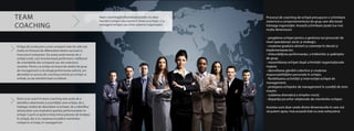 TEAM
COACHING
Echipa de conducere a unei companii este de cele mai
multe ori factorul de diferențiere dintre succesul și
insuccesul companiei. De aceea aveți nevoie de o
echipă unită, care funcționează performant, indiferent
de schimbările din companie sau din exteriorul
acesteia. Pentru ca echipa să treacă de stadiul de grup
de management și să atingă performanța optimă, am
dezvoltat un proces de coaching centrat pe echipă ca
echipă, nu pe membrii luați ca indivizi.
Rolul unui coach în team coaching este acela de a
identifica obiectivele și prioritățile unei echipe, de a
înțelege mediul de dezvoltare al echipei, de a identifica
obstacolele care împiedică apariția performanțelor în
echipă. Coach-ul ajută la întocmirea planului de învățare
în echipă, dar și la creșterea încrederii membrilor
echipei în ei însăși, în managerii lor.
Team coachingul influențează pozitiv nu doar
membrii echipei sau membrii-cheie ai echipei, ci și
managerii echipei sau chiar sistemul organizației.
Procesul de coaching de echipă presupune o schimbare
sistemică a comportamentului de grup care afectează
întreaga organizație. Această schimbare poate lua mai
multe dimensiuni:
- pregătirea echipei pentru a gestiona noi provocări de
nivel operațional, tactic și strategic;
- creșterea gradului alinierii și coerenței în decizii și
implementarea lor;
- îmbunătățirea performanței, a întâlnirilor și ședințelor
de grup;
- reasamblarea echipei după schimbări organizaționale
majore;
- dezvoltarea gândirii colective și creșterea
responsabilităților personale în echipe;
- flexibilizarea activității și intervenției echipei de
management;
- protejarea echipelor de management în condiții de stres
maxim;
- scăderea dramatică a timpilor morți;
- dispariția jocurilor relaționale ale membrilor echipei;
Acestea sunt doar unele dintre dimensiunile în care noi
vă putem ajuta, însă această listă nu este exhaustivă.
 