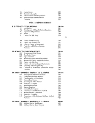 8.6 Elastic Centre 222
8.7 Illustrative Examples 223
8.8 Influence Lines for a Hinged Arch 232
8.9 Influence Lines for a Fixed Arch 234
Problems 235
PART 2 STIFFNESS METHODS
9. SLOPE-DEFLECTION METHOD 241-300
9.1 Introduction 241
9.2 Development of Slope-Deflection Equations 241
9.3 Equations of Equilibrium 243
9.4 Beams 244
9.5 Frames: No Side Sway 250
(ix)
9.6 Frames: with Side Sway 254
9.7 Frames with Sloping Legs 271
9.8 Effect of Change in Temperature 285
9.9 Flexibility and Stiffness Matrices 289
Problems 296
10. MOMENT DISTRIBUTION METHOD 301-351
10.1 Development of the Method 301
10.2 Distribution Factors 303
10.3 Sign Convention 304
10.4 Beams and Frames with no Side Sway 304
10.5 Beams with Uneven Support Settlement 318
10.6 Frames with Side Sway 321
10.7 Frames with Uneven Support Settlements 328
10.8 Symmetry and Anti-Symmetry 330
10.9 Comments on the Moment Distribution Method 348
Problems 348
11. DIRECT STIFFNESS METHOD – 2D ELEMENTS 352-432
11.1 Development of Stiffness Matrices 352
11.2 Properties of Stiffness Matrices 358
11.3 Transformation of Coordinates 360
11.4 Element Load Vector 363
11.5 Assembly of Global Matrices 364
11.6 Illustrative Examples 373
11.7 Boundary Conditions 383
11.8 Support Reactions 387
11.9 Inclined Roller Support 387
11.10 Summary of Direct Stiffness Method 387
11.11 Beams on Elastic Foundation 389
11.12 Illustrative Examples 390
11.13 Comparison of Flexibility and Stiffness Methods 427
Problems 428
12. DIRECT STIFFNESS METHOD – 3D ELEMENTS 433-461
12.1 Stiffness Matrix- Bar Element 433
12.2 Stiffness Matrix- Beam Element 434
 