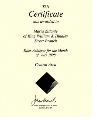 CBA Sales Achiever Month 1998