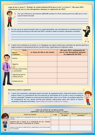 LISTA DE COTEJO DE AUTOEVALUACIÓN
COMPETENCIA: Gestiona responsablemente el espacio y el ambiente.
Criterios de evaluación Lo logré
Estoy en proceso
de lograrlo
¿Qué puedo hacer para mejorar mis
aprendizajes?
Expliqué el impacto de la contaminación del aire a partir del análisis y la
reflexión.
Argumenté sobre el impacto de la contaminación del aire, utilizando
fuentes de información y reflexionando con la familia.
Propuse acciones para el cuidado del aire, sensibilizando a los actores sociales
de mi comunidad.
5. A partir de lo aprendido, redactamos nuestro borrador de argumentos sobre: ¿Cuál sería nuestra actitud o
postura frente a la contaminación del aire producida en festividades de fin de año y otras actividades en
nuestra comunidad? Tomemos en cuenta que esta opinión debe contar con un título y un problema específico
de contaminación del aire, porque servirán para plantear explicaciones sobre este asunto en nuestra
comunidad y serán parte del ensayo. (Desarrollamos en nuestro cuaderno de trabajo)
Luego de leer el texto 3: “Estándar de calidad ambiental (ECA) para el aire” y el texto 4: “Año nuevo 2019:
contaminación del aire en Lima Metropolitana disminuyó en comparación del 2018”,
2. ¿Por qué el Ministerio del Ambiente (MINAM) estableció el límite máximo permitido (LMP) para el aire?,
¿qué los habrá motivado?
________________________________________________________________
________________________________________________________________
________________________________________________________________
3. En Lima, que es la capital de nuestro país y la ciudad más poblada, ¿por qué disminuyó la contaminación del
aire en un gran porcentaje en año nuevo del 2019?, ¿sucede lo mismo en nuestra comunidad o localidad?
________________________________________________________________
________________________________________________________________
________________________________________________________________
4. A partir de lo evaluado en los textos 1 y 4, dialogamos con nuestra familia para contrastar los aportes positivos y
negativos sobre la contaminación del aire. De esta forma, registramos en el siguiente cuadro:
Textos
Aspect
a reflexionar
La fiesta del niño en San Antonio
Año nuevo 2019: contaminación del
aire en Lima Metropolitana disminuyó
en comparación del 2018
Positivo
Negativo
Críticas constructivas
y conclusiones
Sugerencias para el
cuidado del aire
Cuidado del aire
Elaboramos nuestros argumentos
Aspectos
a reflexionar
 