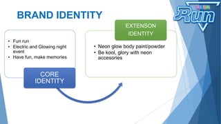 BRAND IDENTITY
• Fun run
• Electric and Glowing night
event
• Have fun, make memories
CORE
IDENTITY
• Neon glow body paint/powder
• Be kool, glory with neon
accesories
EXTENSON
IDENTITY
 
