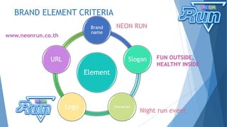 BRAND ELEMENT CRITERIA
Element
Brand
name
Slogan
CharacterLogo
URL
NEON RUN
FUN OUTSIDE,
HEALTHY INSIDE
www.neonrun.co.th
Night run event
 
