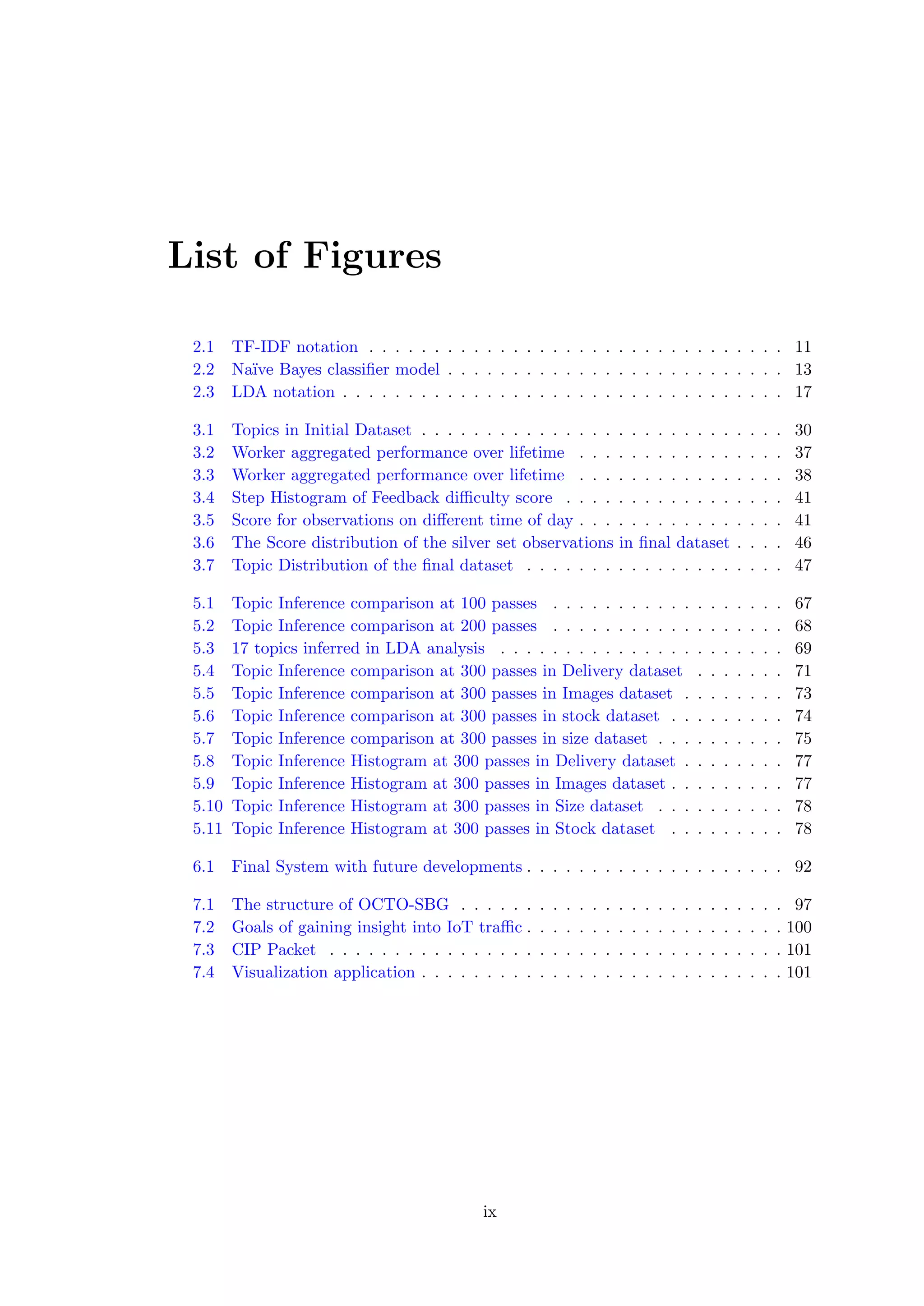 List of Figures
2.1 TF-IDF notation . . . . . . . . . . . . . . . . . . . . . . . . . . . . . . . . 11
2.2 Na¨ıve Bayes classiﬁer model . . . . . . . . . . . . . . . . . . . . . . . . . . 13
2.3 LDA notation . . . . . . . . . . . . . . . . . . . . . . . . . . . . . . . . . . 17
3.1 Topics in Initial Dataset . . . . . . . . . . . . . . . . . . . . . . . . . . . . 30
3.2 Worker aggregated performance over lifetime . . . . . . . . . . . . . . . . 37
3.3 Worker aggregated performance over lifetime . . . . . . . . . . . . . . . . 38
3.4 Step Histogram of Feedback diﬃculty score . . . . . . . . . . . . . . . . . 41
3.5 Score for observations on diﬀerent time of day . . . . . . . . . . . . . . . . 41
3.6 The Score distribution of the silver set observations in ﬁnal dataset . . . . 46
3.7 Topic Distribution of the ﬁnal dataset . . . . . . . . . . . . . . . . . . . . 47
5.1 Topic Inference comparison at 100 passes . . . . . . . . . . . . . . . . . . 67
5.2 Topic Inference comparison at 200 passes . . . . . . . . . . . . . . . . . . 68
5.3 17 topics inferred in LDA analysis . . . . . . . . . . . . . . . . . . . . . . 69
5.4 Topic Inference comparison at 300 passes in Delivery dataset . . . . . . . 71
5.5 Topic Inference comparison at 300 passes in Images dataset . . . . . . . . 73
5.6 Topic Inference comparison at 300 passes in stock dataset . . . . . . . . . 74
5.7 Topic Inference comparison at 300 passes in size dataset . . . . . . . . . . 75
5.8 Topic Inference Histogram at 300 passes in Delivery dataset . . . . . . . . 77
5.9 Topic Inference Histogram at 300 passes in Images dataset . . . . . . . . . 77
5.10 Topic Inference Histogram at 300 passes in Size dataset . . . . . . . . . . 78
5.11 Topic Inference Histogram at 300 passes in Stock dataset . . . . . . . . . 78
6.1 Final System with future developments . . . . . . . . . . . . . . . . . . . . 92
7.1 The structure of OCTO-SBG . . . . . . . . . . . . . . . . . . . . . . . . . 97
7.2 Goals of gaining insight into IoT traﬃc . . . . . . . . . . . . . . . . . . . . 100
7.3 CIP Packet . . . . . . . . . . . . . . . . . . . . . . . . . . . . . . . . . . . 101
7.4 Visualization application . . . . . . . . . . . . . . . . . . . . . . . . . . . . 101
ix
 