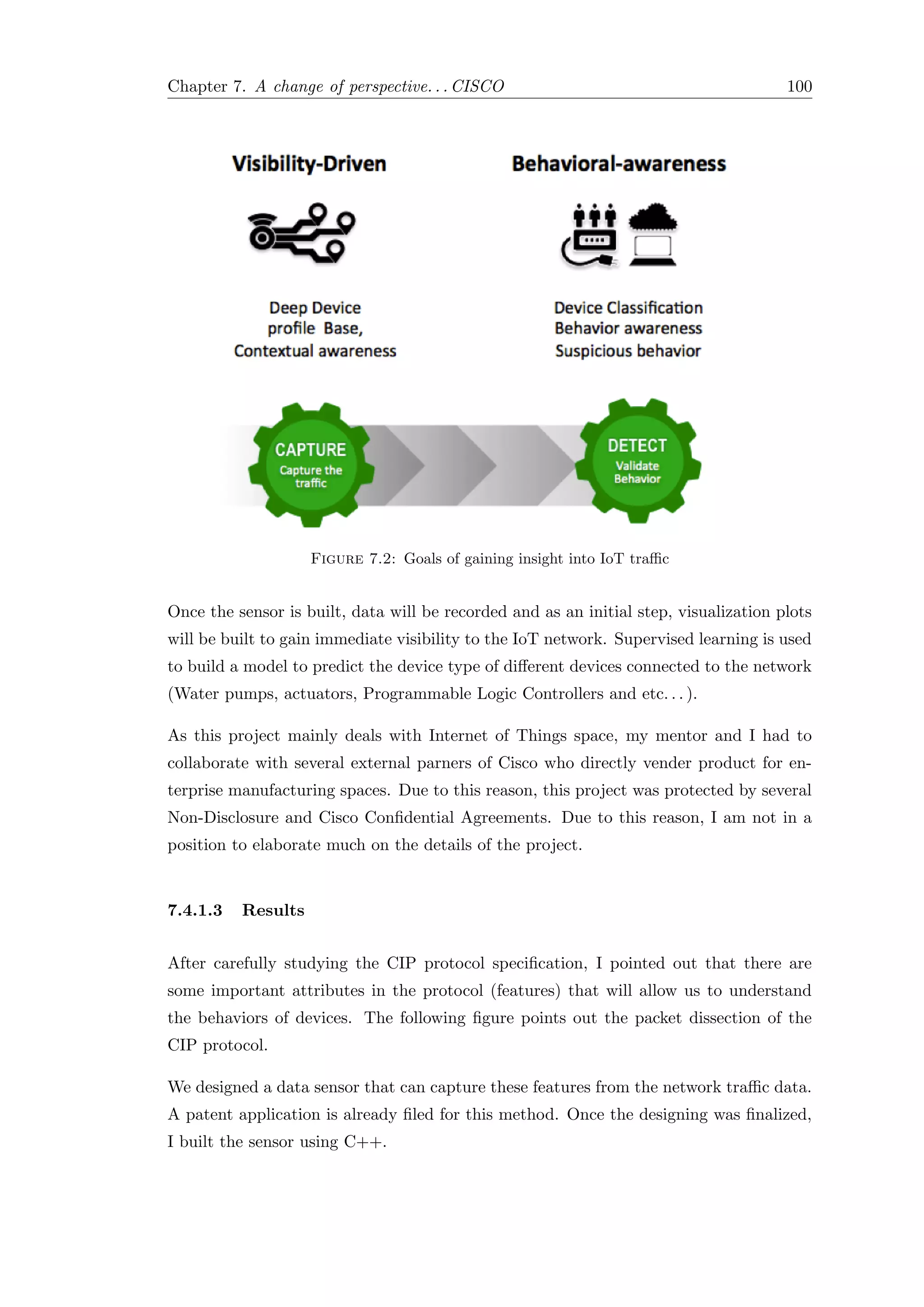 Chapter 7. A change of perspective. . . CISCO 100
Figure 7.2: Goals of gaining insight into IoT traﬃc
Once the sensor is built, data will be recorded and as an initial step, visualization plots
will be built to gain immediate visibility to the IoT network. Supervised learning is used
to build a model to predict the device type of diﬀerent devices connected to the network
(Water pumps, actuators, Programmable Logic Controllers and etc. . . ).
As this project mainly deals with Internet of Things space, my mentor and I had to
collaborate with several external parners of Cisco who directly vender product for en-
terprise manufacturing spaces. Due to this reason, this project was protected by several
Non-Disclosure and Cisco Conﬁdential Agreements. Due to this reason, I am not in a
position to elaborate much on the details of the project.
7.4.1.3 Results
After carefully studying the CIP protocol speciﬁcation, I pointed out that there are
some important attributes in the protocol (features) that will allow us to understand
the behaviors of devices. The following ﬁgure points out the packet dissection of the
CIP protocol.
We designed a data sensor that can capture these features from the network traﬃc data.
A patent application is already ﬁled for this method. Once the designing was ﬁnalized,
I built the sensor using C++.
 