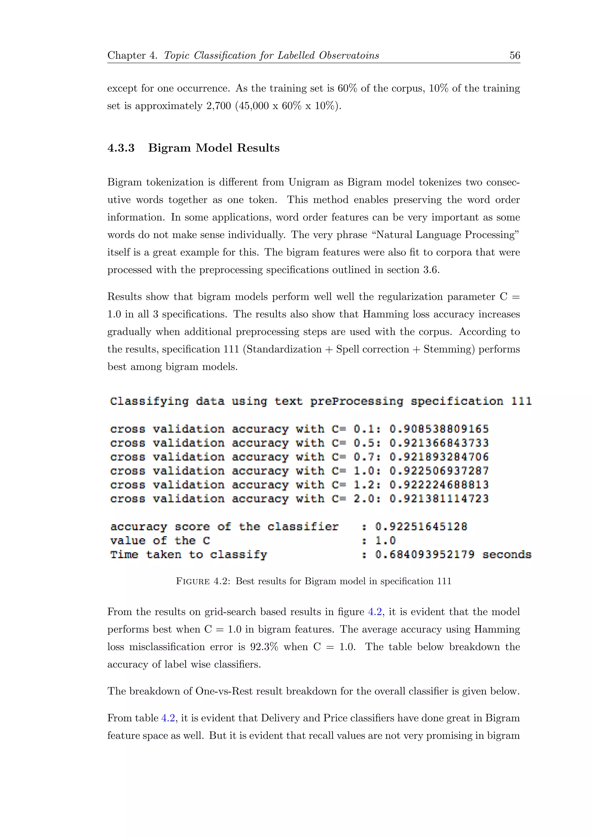 Chapter 4. Topic Classiﬁcation for Labelled Observatoins 56
except for one occurrence. As the training set is 60% of the corpus, 10% of the training
set is approximately 2,700 (45,000 x 60% x 10%).
4.3.3 Bigram Model Results
Bigram tokenization is diﬀerent from Unigram as Bigram model tokenizes two consec-
utive words together as one token. This method enables preserving the word order
information. In some applications, word order features can be very important as some
words do not make sense individually. The very phrase “Natural Language Processing”
itself is a great example for this. The bigram features were also ﬁt to corpora that were
processed with the preprocessing speciﬁcations outlined in section 3.6.
Results show that bigram models perform well well the regularization parameter C =
1.0 in all 3 speciﬁcations. The results also show that Hamming loss accuracy increases
gradually when additional preprocessing steps are used with the corpus. According to
the results, speciﬁcation 111 (Standardization + Spell correction + Stemming) performs
best among bigram models.
Figure 4.2: Best results for Bigram model in speciﬁcation 111
From the results on grid-search based results in ﬁgure 4.2, it is evident that the model
performs best when C = 1.0 in bigram features. The average accuracy using Hamming
loss misclassiﬁcation error is 92.3% when C = 1.0. The table below breakdown the
accuracy of label wise classiﬁers.
The breakdown of One-vs-Rest result breakdown for the overall classiﬁer is given below.
From table 4.2, it is evident that Delivery and Price classiﬁers have done great in Bigram
feature space as well. But it is evident that recall values are not very promising in bigram
 