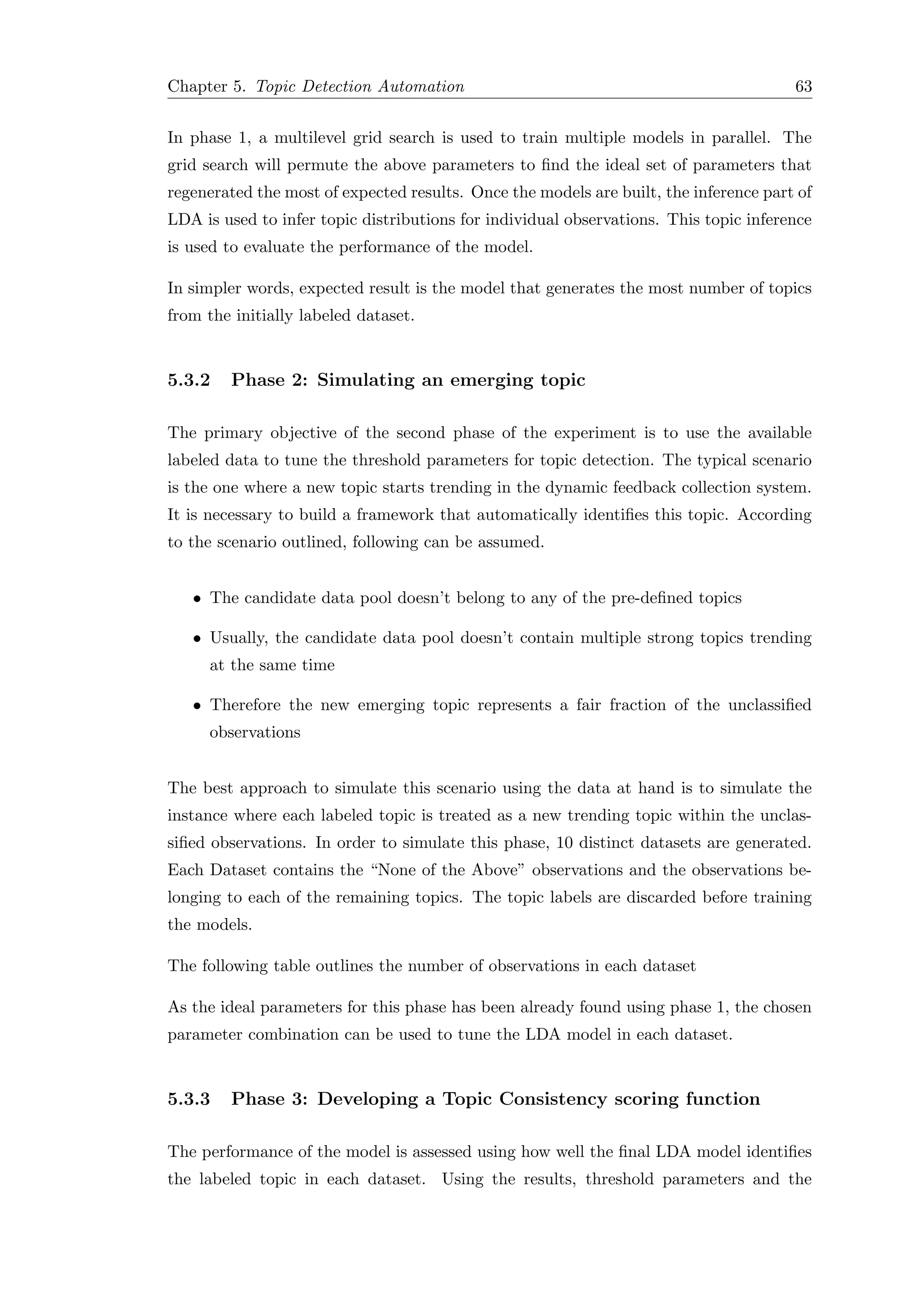 Chapter 5. Topic Detection Automation 63
In phase 1, a multilevel grid search is used to train multiple models in parallel. The
grid search will permute the above parameters to ﬁnd the ideal set of parameters that
regenerated the most of expected results. Once the models are built, the inference part of
LDA is used to infer topic distributions for individual observations. This topic inference
is used to evaluate the performance of the model.
In simpler words, expected result is the model that generates the most number of topics
from the initially labeled dataset.
5.3.2 Phase 2: Simulating an emerging topic
The primary objective of the second phase of the experiment is to use the available
labeled data to tune the threshold parameters for topic detection. The typical scenario
is the one where a new topic starts trending in the dynamic feedback collection system.
It is necessary to build a framework that automatically identiﬁes this topic. According
to the scenario outlined, following can be assumed.
• The candidate data pool doesn’t belong to any of the pre-deﬁned topics
• Usually, the candidate data pool doesn’t contain multiple strong topics trending
at the same time
• Therefore the new emerging topic represents a fair fraction of the unclassiﬁed
observations
The best approach to simulate this scenario using the data at hand is to simulate the
instance where each labeled topic is treated as a new trending topic within the unclas-
siﬁed observations. In order to simulate this phase, 10 distinct datasets are generated.
Each Dataset contains the “None of the Above” observations and the observations be-
longing to each of the remaining topics. The topic labels are discarded before training
the models.
The following table outlines the number of observations in each dataset
As the ideal parameters for this phase has been already found using phase 1, the chosen
parameter combination can be used to tune the LDA model in each dataset.
5.3.3 Phase 3: Developing a Topic Consistency scoring function
The performance of the model is assessed using how well the ﬁnal LDA model identiﬁes
the labeled topic in each dataset. Using the results, threshold parameters and the
 