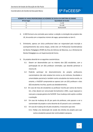 Secretaria de Estado da Educação de São Paulo
Coordenadoria de Gestão da Educação Básica
9
5ª FeCEESP
4. A DER formará uma comissão para realizar a seleção e orientação dos projetos das
UE, de acordo com o respectivo número de vagas, apresentadas no item 3.
5. Entretanto, apenas um único profissional deve ser responsável pela inscrição e
acompanhamento das outras etapas, sendo este um Professor(a) Coordenador(a)
do Núcleo Pedagógico (PCNP) da Área de Ciências da Natureza, ou o Diretor(a) de
Núcleo Pedagógico ou um Supervisor(a) de Ensino.
6. Os projetos deverão ter as seguintes características:
6.1 Devem ser desenvolvidos por no máximo dois (02) estudantes, com a
participação de um (01) professor orientador, que deverão pertencer à
mesma UE.
6.2 Poderão participar do desenvolvimento do projeto professores
coorientadores (da rede estadual de ensino ou de institutos, faculdades e
universidades parceiras) e também outros estudantes da mesma escola, no
entanto, a FeCEESP compromete-se apenas com um (01) professor e dois
(02) estudantes inscritos, quanto aos desdobramentos.
6.3 Em caso de troca de estudantes ou professor inscrito por outros da mesma
UE, o fato deverá ser comunicado formalmente à DER, a qual repassará o
caso para a equipe gestora da FeCEESP. Essa mudança está sujeita a análise
e aceitação.
6.4 Em caso de mudança de UE por parte do professor, este passara a ser o
coorientador do projeto e outro docente da UE passará a ser o orientador.
6.5 Em caso de mudança de UE pelo estudante, é necessário que este:
6.5.1 Redija uma declaração de cessão dos direitos do projeto para que
outros estudantes possam dar continuidade à pesquisa.
NÚMERO DE VAGAS PROPORCIONAIS AO NÚMERO DE ESCOLA DA DIRETORIA DE ENSINO
Nº de Vagas Quantidade de Escolas
3 1 a 30
4 31 a 60
5 Acima de 60
 