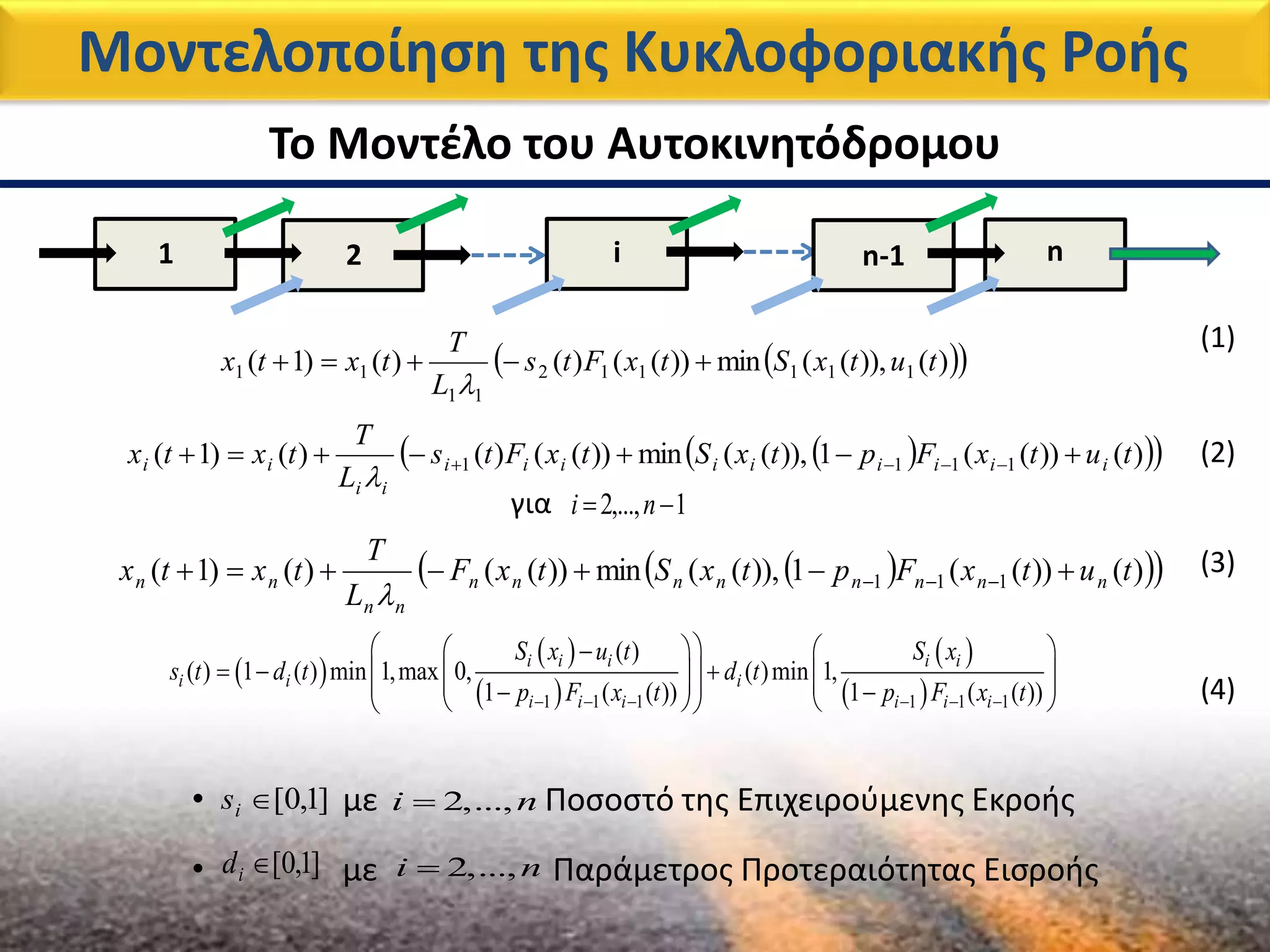 1 2 i n-1 n
Μοντελοποίηση της Κυκλοφοριακής Ροής
Το Μοντέλο του Αυτοκινητόδρομου
  )()),((min))(()()()1( 111112
11
11 tutxStxFts
L
T
txtx 

   )())((1)),((min))(()()()1( 1111 tutxFptxStxFts
L
T
txtx iiiiiiiii
ii
ii  

για 1,...,2  ni
   )())((1)),((min))(()()1( 111 tutxFptxStxF
L
T
txtx nnnnnnnn
nn
nn  

 
 
 
 
 1 1 1 1 1 1
( )
( ) 1 ( ) min 1,max 0, ( )min 1,
1 ( ( )) 1 ( ( ))
i i i i i
i i i
i i i i i i
S x u t S x
s t d t d t
p F x t p F x t     
    
               
(1)
(2)
(3)
(4)
]1,0[is• με Ποσοστό της Επιχειρούμενης Εκροής2,...,i n
]1,0[id• με Παράμετρος Προτεραιότητας Εισροής2,...,i n
 