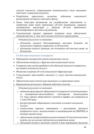 46
спільної власності), запровадження відповідальності щодо виконання
обов’язків з управління власністю.
• Розроблення практичного механізму здійснення комплексної
реконструкції застарілого житлового фонду.
• Захист інвесторів будівництва від недоброчесних забудовників та
запобігання появі нових проблемних об’єктів будівництва, сприяння
постраждалим кредиторам у добудові об’єктів проблемного
багатоквартирного житлового будівництва.
• Удосконалення програм державної підтримки щодо забезпечення
громадян житлом, у тому числі шляхом іпотечного кредитування.
8.5.Житлово-комунальне господарство
• Формування конкурентних ринків комунальних послуг.
• Забезпечення контролю у сфері житлово-комунальних послуг.
• Створення умов для безперебійної та беззбиткової діяльності підприємств,
що надають комунальні послуги.
• Фінансова підтримка об’єктів комунальної інфраструктури.
• Стимулювання інвестиційної діяльності у галузі житлово-комунальних
послуг.
• Забезпечення якості питної води відповідно до нормативних вимог.
• Впровадження роздільного збирання побутових відходів.
Очікувані результати та показники:
□ збільшення кількості багатоквартирних житлових будинків, які
визначилися із формою управління, на 40 відсотків
□ збільшення кількості громадян, які поліпшили свої житлові умови, на
20 відсотків
Очікувані результати та показники:
□ зниження кредиторської заборгованості підприємств теплокомуненерго
та водопровідно-каналізаційного господарства: відшкодування
3,4 млрд. гривень заборгованості з різниці в тарифах, що утворилася на
1 січня 2016 року
□ реструктуризація заборгованості населення за спожиті комунальні
послуги
□ стовідсоткова передача повноважень з регулювання діяльності
підприємств тепло-, водопостачання та водовідведення від НКРЕКП до
місцевих органів влади
□ забезпечення централізованим водопостачанням 10 відсотків населених
пунктів, що на сьогодні забезпечуються привізною водою
□ збільшення кількості населених пунктів в яких впроваджено роздільне
 