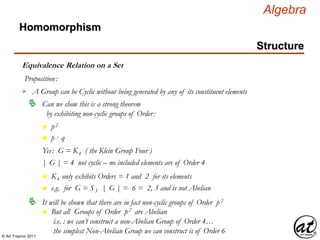 © Art Traynor 2011
Algebra
Homomorphism
Structure
Equivalence Relation on a Set
Proposition:
A Group can be Cyclic without being generated by any of its constituent elements
Can we show this is a strong theorem
by exhibiting non-cyclic groups of Order:

n p2
n p · q
Yes: G = K4 ( the Klein Group Four )
| G | = 4 not cyclic – no included elements are of Order 4
n K4 only exhibits Orders = 1 and 2 for its elements
n e.g. for G = S3 | G | = 6 = 2, 3 and is not Abelian
It will be shown that there are in fact non-cyclic groups of Order p2
n But all Groups of Order p2 are Abelian
i.e. : we can’t construct a non-Abelian Group of Order 4…
the simplest Non-Abelian Group we can construct is of Order 6
 