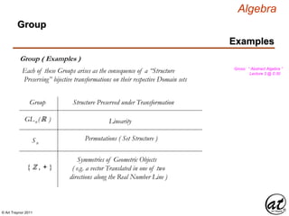 © Art Traynor 2011
Algebra
Gross: “ Abstract Algebra ”
Lecture 3 @ 0:30
Examples
Group
Group ( Examples )
Each of these Groups arises as the consequence of a “Structure
Preserving” bijective transformations on their respective Domain sets
GLn (ℝ )
Sn
{ ℤ , + }
Group Structure Preserved under Transformation
Linearity
Permutations ( Set Structure )
Symmetries of Geometric Objects
( e.g. a vector Translated in one of two
directions along the Real Number Line )
 