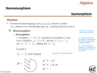 © Art Traynor 2011
Algebra
Morphism
Homomorphism
A Morphism f : X → Y constitutes an Isomorphism if there
exists a Morphism g : Y → X such that f ○ g = Iy
and g ○ f = Ix , implying that Ix = Iy
I.e.: f has an inverse, the
compositions of which return
the Identity element for the
respective variables
n Isomorphism
I.e.: if a set and another
compose to an identity, then
those sets are Isomorphic to
one another
Homomorphism
Isomorphism
A structure-invariant mapping of one mathematical structure to another
( i.e. a domain set to a corresponding image set) , featuring special cases such as:

Hom ( ℝ n , ℝ n ) has a
Vector Space structure
Example 2:
G2 = S4 Cyclic Subgroup
⍴ =
1 1
3 3
2 2
4 4
⍴2 ≠ e , ⍴
⍴3 ≠ e , ⍴ , ⍴ 2
⍴4 = e
Basically a σ sigma permutation
 