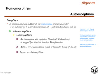 © Art Traynor 2011
Algebra
Morphism
Homomorphism
n Automorphism
Homomorphism
Automorphism
A structure-invariant mapping of one mathematical structure to another
( i.e. a domain set to a corresponding image set) , featuring special cases such as:

Hom ( ℝ n , ℝ n ) has a
Vector Space structure
An Automorphism can be
regarded as a species of
Isomorphism, inheriting
much of its structure
Alternatively referred to as
an Endomorphism
Inverses are Automorphismso
An Isomorphism with equivalent Domain & Codomain sets
as mapped by a structure invariant Transformation
o
Aut ( G ) = Automorphism Group or Symmetry Group of the setso
 