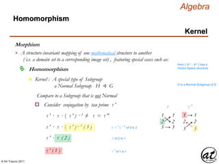 © Art Traynor 2011
Algebra
Morphism
A structure-invariant mapping of one mathematical structure to another
( i.e. a domain set to a corresponding image set) , featuring special cases such as:

Hom ( ℝ n , ℝ n ) has a
Vector Space structure
Homomorphism
Homomorphism
Kernel
n Kernel : A special type of Subgroup
a Normal Subgroup H ⨞ G H is a Normal Subgroup of G
Compare to a Subgroup that is not Normal
Consider conjugation by tau prime τ ′o
1 → 1
3 3
2 2
τ ′
τ ′ · τ · ( τ ′ ) – 1 ≠ τ = τ ″
τ ′ · τ · ( τ ′ ) – 1 ( 3 ) ( τ ′ ) – 1 of 3 is 2
τ ′ · τ ( 2 ) τ of 2 is 1
1 1
3 → 3
2 2
τ
τ ′ ( 1 ) τ ′ of 1 is 1
 