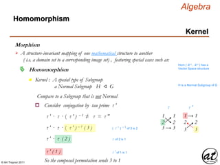 © Art Traynor 2011
Algebra
Morphism
A structure-invariant mapping of one mathematical structure to another
( i.e. a domain set to a corresponding image set) , featuring special cases such as:

Hom ( ℝ n , ℝ n ) has a
Vector Space structure
Homomorphism
Homomorphism
Kernel
n Kernel : A special type of Subgroup
a Normal Subgroup H ⨞ G H is a Normal Subgroup of G
Compare to a Subgroup that is not Normal
Consider conjugation by tau prime τ ′o
1 → 1
3 3
2 2
τ ′
τ ′ · τ · ( τ ′ ) – 1 ≠ τ = τ ″
τ ′ · τ · ( τ ′ ) – 1 ( 3 ) ( τ ′ ) – 1 of 3 is 2
τ ′ · τ ( 2 ) τ of 2 is 1
1 1
3 → 3
2 2
τ
τ ′ ( 1 ) τ ′ of 1 is 1
So the composed permutation sends 3 to 1
 