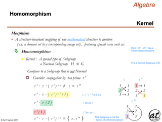 © Art Traynor 2011
Algebra
Morphism
A structure-invariant mapping of one mathematical structure to another
( i.e. a domain set to a corresponding image set) , featuring special cases such as:

Hom ( ℝ n , ℝ n ) has a
Vector Space structure
Homomorphism
Homomorphism
Kernel
n Kernel : A special type of Subgroup
a Normal Subgroup H ⨞ G H is a Normal Subgroup of G
Compare to a Subgroup that is not Normal
Consider conjugation by tau prime τ ′o
1 → 1
3 3
2 2
τ ′
τ ′ · τ · ( τ ′ ) – 1 ≠ τ = τ ″
τ ′ · τ · ( τ ′ ) – 1 ( 3 ) ( τ ′ ) – 1 of 3 is 2
τ ′ · τ ( 2 ) τ of 2 is 1
1 1
3 → 3
2 2
τ
τ ′ ( 1 ) τ ′ of 1 is 1
1 1
3 3
2 2
τ ″
τ ′ · τ · ( τ ′ ) – 1 = 〈 e , τ ″ 〉 This Subgroup is not the
Kernel of a Homomorphism
 