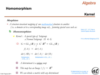 © Art Traynor 2011
Algebra
Morphism
A structure-invariant mapping of one mathematical structure to another
( i.e. a domain set to a corresponding image set) , featuring special cases such as:

Hom ( ℝ n , ℝ n ) has a
Vector Space structure
Homomorphism
Homomorphism
Kernel
n Kernel : A special type of Subgroup
a Normal Subgroup H ⨞ G H is a Normal Subgroup of G
G = GLn (ℝ ) → G′ ℝ x
= GL1 (ℝ )1
f
det ( AB ) = det ( A ) · det ( B )
f( A ) = det ( A )
Multiplication
in GL n ( ℝ )
Multiplication in GL 1 ( ℝ )
A determinant is a unique mapo
This map has an Image ( f ) = ℝ x
o
We can obtain a matrix with any determinanto
A determinant is an area, or
more generally a Manifold
 