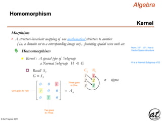 © Art Traynor 2011
Algebra
Morphism
A structure-invariant mapping of one mathematical structure to another
( i.e. a domain set to a corresponding image set) , featuring special cases such as:

Hom ( ℝ n , ℝ n ) has a
Vector Space structure
Homomorphism
Homomorphism
Kernel
n Kernel : A special type of Subgroup
a Normal Subgroup H ⨞ G H is a Normal Subgroup of G
Recall S3o
G = S3 1 1
3 3
2 2 σ sigma
0
1
0
0
0
1
1
0
0
Cj Ri
One goes to Two
Two goes
to Three
Three goes
to One
= Aσ
 
