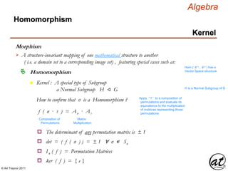 © Art Traynor 2011
Algebra
Morphism
A structure-invariant mapping of one mathematical structure to another
( i.e. a domain set to a corresponding image set) , featuring special cases such as:

Hom ( ℝ n , ℝ n ) has a
Vector Space structure
Homomorphism
Homomorphism
Kernel
n Kernel : A special type of Subgroup
a Normal Subgroup H ⨞ G H is a Normal Subgroup of G
How to confirm that σ is a Homomorphism ? Apply “ f ” to a composition of
permutations and evaluate its
equivalence to the multiplication
of matrices representing those
permutationsf ( σ · τ ) = Aσ · Aτ
Composition of
Permutations
Matrix
Multiplication
The determinant of any permutation matrix is ± 1o
det = ( f ( σ ) ) = ± 1 ∀ σ ∊ Sno
In ( f ) = Permutation Matriceso
ker ( f ) = { e }o
 