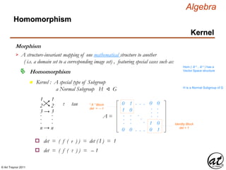 © Art Traynor 2011
Algebra
Morphism
A structure-invariant mapping of one mathematical structure to another
( i.e. a domain set to a corresponding image set) , featuring special cases such as:

Hom ( ℝ n , ℝ n ) has a
Vector Space structure
Homomorphism
Homomorphism
Kernel
n Kernel : A special type of Subgroup
a Normal Subgroup H ⨞ G H is a Normal Subgroup of G
τ tau
1 1
3 → 3
2 2
.
.
.
.
.
.
n → n
0
.
.
.
. . .
. . .0
1
.
.
.
A =
1
0
0
.
.
.
.
.
. 1
0
0
1
.
.
.
0 0
Identity Block
det = 1
“ A ” Block
det = – 1
det = ( f ( e ) ) = det ( I ) = 1o
det = ( f ( τ ) ) = – 1o
 
