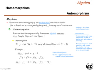 © Art Traynor 2011
Algebra
Morphism
A structure-invariant mapping of one mathematical structure to another
( i.e. a domain set to a corresponding image set) , featuring special cases such as:

Hom ( ℝ n , ℝ n ) has a
Vector Space structure
Homomorphism
Structure invariant map operating between two algebraic structures
( e.g. Groups, Rings, or Vector Spaces )
Homomorphism
Automorphism
Automorphism:
An Isomorphism with image
set precisely equal to its
domain set – a formalism of
symmetryn Automorphism
G → Aut ( G ) : The set of all Isomorphisms h : G → Gf
Those Isomorphisms which
map G to “ itself “ under
Composition ( i.e. to a
subdomain Group identical
to the domain Group )Examples :
f ( g ) · ( h ) = g · h Is this an Isomorphism?
f ( g · g′ ) = f( g ) · f( g′ )
No: it is a Set Isomorphism not
however a Group Isomorphism
f ( g · g′ ) · h = f( g ) · f( g′ ) · ( h )
 