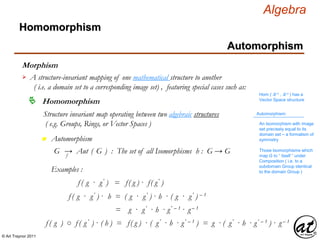 © Art Traynor 2011
Algebra
Morphism
A structure-invariant mapping of one mathematical structure to another
( i.e. a domain set to a corresponding image set) , featuring special cases such as:

Hom ( ℝ n , ℝ n ) has a
Vector Space structure
Homomorphism
Structure invariant map operating between two algebraic structures
( e.g. Groups, Rings, or Vector Spaces )
Homomorphism
Automorphism
Automorphism:
An Isomorphism with image
set precisely equal to its
domain set – a formalism of
symmetryn Automorphism
G → Aut ( G ) : The set of all Isomorphisms h : G → Gf
Those Isomorphisms which
map G to “ itself “ under
Composition ( i.e. to a
subdomain Group identical
to the domain Group )Examples :
f ( g · g′ ) = f( g ) · f( g′ )
f ( g · g′ ) · h = ( g · g′ ) · h · ( g · g′ ) – 1
= g · g′ · h · g′ – 1 · g – 1
f ( g ) ○ f ( g ′ ) · ( h ) = f( g ) · ( g′ · h · g′ – 1 ) = g · ( g′ · h · g′ – 1 ) · g – 1
 