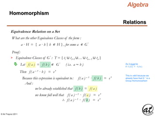 © Art Traynor 2011
Algebra
Equivalence Relation on a Set
Homomorphism
Relations
What are the other Equivalence Classes of the form :
a · H = { a · h h ∊ H } , for some a ∊ G′|:
Proof:
Let f( a ) = f( b ) ∊ G′ ( i.e. a ∼ b )
Equivalence Classes of G′ : T = { ti ∪ ti+1 ∪… ∪ tn – 1 ∪ tn }
As it must be
if f ( a ) = f ( b )
Then f( a – 1 · b ) = e′
Because this expression is equivalent to: f( a ) – 1 · f( b ) = e′
This is valid because we
already have that G ′ is a
Group Homomorphism
we’ve already established that f( b ) = f( a )
we know full well that f( a ) – 1 · f( a ) = e′
∴ f( a ) – 1 · f( b ) = e′
And :
 