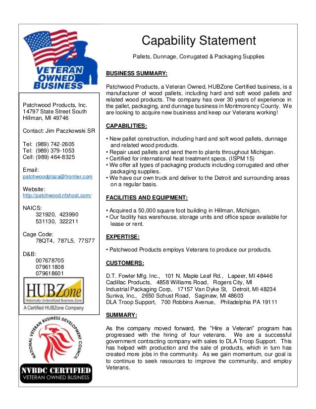 Capability Statement Patchwood Products Inc Capability Statement Template For Government Contractors