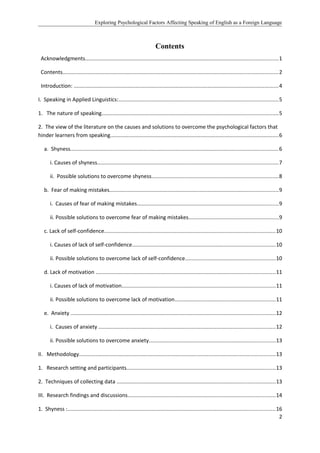 Exploring Psychological Factors Affecting Speaking of English as a Foreign Language
Contents
Acknowledgments................................................................................................................................1
Contents...............................................................................................................................................2
Introduction: ........................................................................................................................................4
I. Speaking in Applied Linguistics:..........................................................................................................5
1. The nature of speaking.....................................................................................................................5
2. The view of the literature on the causes and solutions to overcome the psychological factors that
hinder learners from speaking................................................................................................................6
a. Shyness..........................................................................................................................................6
i. Causes of shyness........................................................................................................................7
ii. Possible solutions to overcome shyness....................................................................................8
b. Fear of making mistakes................................................................................................................9
i. Causes of fear of making mistakes..............................................................................................9
ii. Possible solutions to overcome fear of making mistakes............................................................9
c. Lack of self-confidence..................................................................................................................10
i. Causes of lack of self-confidence...............................................................................................10
ii. Possible solutions to overcome lack of self-confidence............................................................10
d. Lack of motivation .......................................................................................................................11
i. Causes of lack of motivation......................................................................................................11
ii. Possible solutions to overcome lack of motivation...................................................................11
e. Anxiety ........................................................................................................................................12
i. Causes of anxiety .....................................................................................................................12
ii. Possible solutions to overcome anxiety....................................................................................13
II. Methodology..................................................................................................................................13
1. Research setting and participants...................................................................................................13
2. Techniques of collecting data .........................................................................................................13
III. Research findings and discussions..................................................................................................14
1. Shyness :..........................................................................................................................................16
2
 