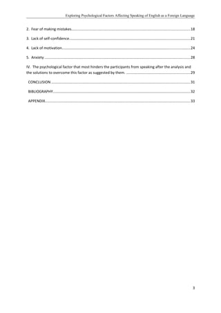 Exploring Psychological Factors Affecting Speaking of English as a Foreign Language
2. Fear of making mistakes..................................................................................................................18
3. Lack of self-confidence....................................................................................................................21
4. Lack of motivation...........................................................................................................................24
5. Anxiety ............................................................................................................................................28
IV. The psychological factor that most hinders the participants from speaking after the analysis and
the solutions to overcome this factor as suggested by them. .............................................................29
CONCLUSION .....................................................................................................................................31
BIBLIOGRAPHY....................................................................................................................................32
APPENDIX............................................................................................................................................33
3
 