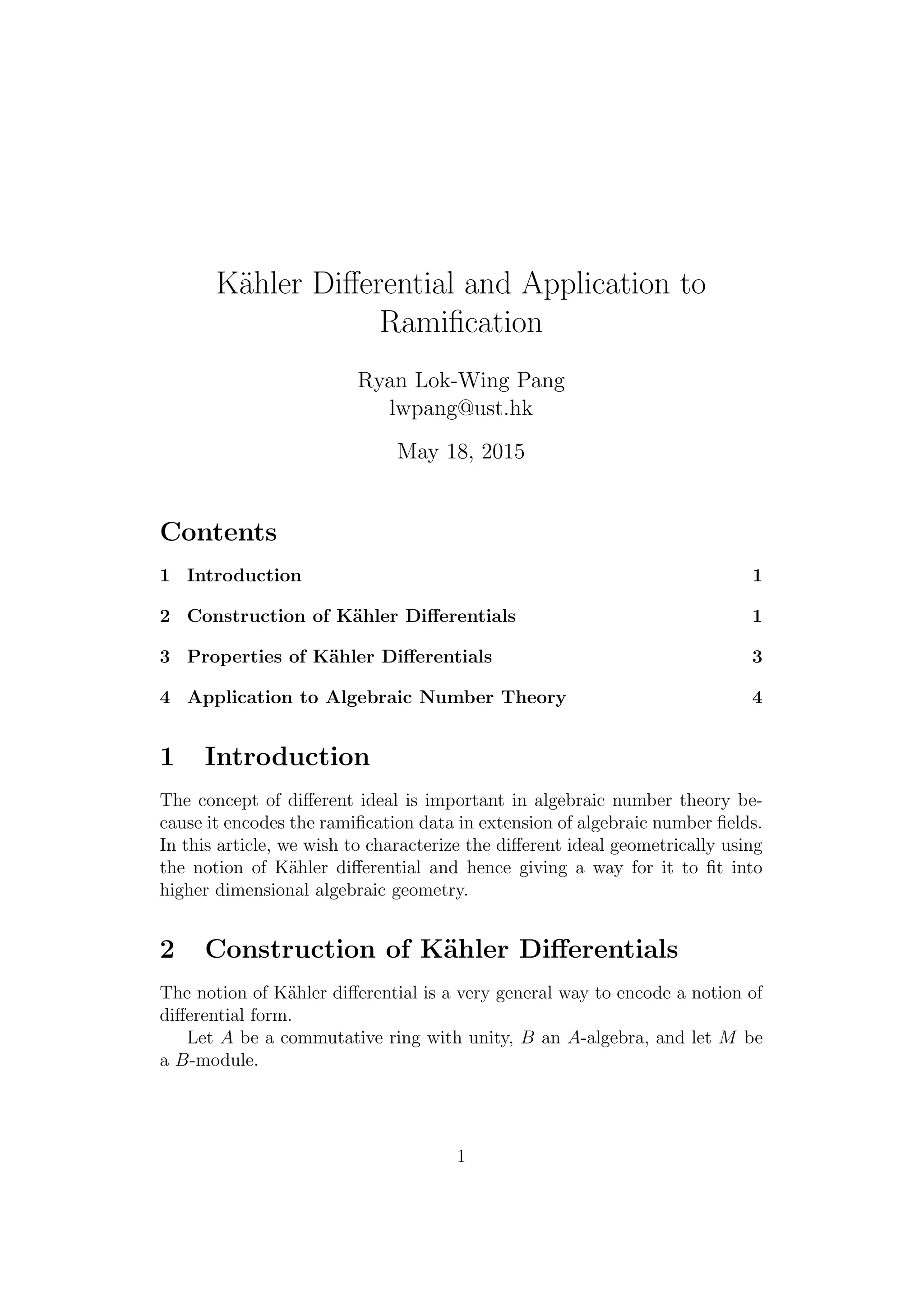 Kahler Differential and Application to Ramification Ryan LokWing