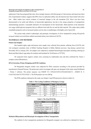 Phenotypic and Genotypic Investigation on Silver Nanoparticles of 31
Morganella morganii Recovered from (CAUTI), Iraq
understood. It has been proposed that ionic silver strongly interacts with thiol groups of vital enzymes and inactivates them
[22]. Experimental evidence suggests that DNA loses its replication ability once the bacteria have been treated with silver
ions . Other studies have shown evidence of structural changes in the cell membrane [23]. Silver ions have been
demonstrated to be useful and effective in bactericidal applications, but due to the unique properties of nanoparticles
nanotechnology presents a reasonable alternative for development of new bactericides. Metal particles in the nanometer
size range exhibit physical properties that are different from both the ion and the bulk material. This makes them exhibit
remarkable properties such as increased catalytic activity due to morphologies with highly active facets [24].
The current study aimed to phenotypic and genotypic investigation of silver nanoparticles among Morganella
morganii isolates recovered from catheter-associated urinary tract infection (CAUTI).
MATERIALS AND METHODS
Patient and Samples
One hundred eighty eight mid-stream urine sample were collected from patients suffering from (CAUTI) who
visit urological consultant clinic of Hillah Teaching Hospital in Hillah, Babylon province- Iraq during a period from
November 2012 to January 2013. all samples were subjected to standard bacteriological procedure including culturing on
blood and MacConkey's agar plates for isolation and incubated for 24-48 hours at 37C0
[25].
All suspected Gram negative isolates were screening by traditionally tests and then confirmed By Viteck 2
compact system (Biomérieux).
DNA Extraction, Primer Designing and PCR Conditions
All Morganella morganii isolates were subjected for DNA extraction according to the protocol provided by
manufacturer (Geneaid/Taiwan). The primer pair used to investigate silE gene was designed in this study using Workbench
- Primer 3 software. The primer sequence was DAKW F:5- GTGAATATCCATGAGCGGGT-3 ; DAKW R: 5-
CAACTGCAGCTCTTTCATGC-3. The PCR product size was 280 bp.
The PCR conditions indicated in this study was Simple 3-step PCR protocol as shown in table (1).
Table 1: The Cycling Conditions of Phylogeny Groups
Steps Temperature Time No. of Cycles
Initial denaturation 95 C° 2 min 1
Denaturation 95 C° 30 sec
30Annealing 59 C° 30 sec
Extension 72 C° 30 sec
Final extension 72 C° 5 min 1
Hold 4C° 10
Table 2: The 30 µl PCR Mix
Item Volume
Master mix 15 µl
Target DNA 5 µl
Forward Primer (10pm/ µl) 2.5 µl
Reverse Primer (10pm/ µl) 2.5 µl
Nuclease free water 5 µl
Total Volume 30 µl
Method of Biosynthesis and Phenotypic Investigation of Silver Nanoparticles
The method of silver nanoparticles production by Morganella morganii was achieved as indicated by Song et
 