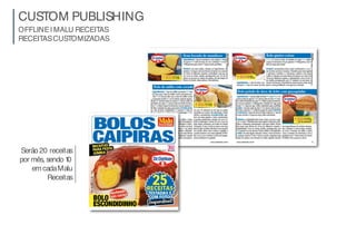 OFFLINE| MALU RECEITAS
RECEITASCUSTOMIZADAS
CUSTOM PUBLISHING
Serão 20 receitas
por mês, sendo 10
emcadaMalu
Receitas
 
