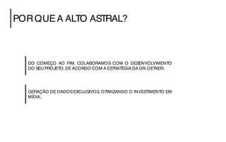 PORQUEA ALTO ASTRAL?
DO COMEÇO AO FIM, COLABORAMOS COM O DESENVOLVIMENTO
DO SEU PROJETO, DEACORDO COM A ESTRATÉGIA DA DR. OETKER;
GERAÇÃO DE DADOS EXCLUSIVOS, OTIMIZANDO O INVESTIMENTO EM
MÍDIA;
 