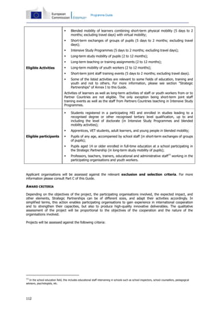 112
Programme Guide
Eligible Activities
 Blended mobility of learners combining short-term physical mobility (5 days to 2
months; excluding travel days) with virtual mobility;
 Short-term exchanges of groups of pupils (5 days to 2 months; excluding travel
days);
 Intensive Study Programmes (5 days to 2 months; excluding travel days);
 Long-term study mobility of pupils (2 to 12 months);
 Long-term teaching or training assignments (2 to 12 months);
 Long-term mobility of youth workers (2 to 12 months);
 Short-term joint staff training events (5 days to 2 months; excluding travel days).
 Some of the listed activities are relevant to some fields of education, training and
youth and not to others. For more information, please see section "Strategic
Partnerships" of Annex I to this Guide.
Activities of learners as well as long-term activities of staff or youth workers from or to
Partner Countries are not eligible. The only exception being short-term joint staff
training events as well as the staff from Partners Countries teaching in Intensive Study
Programmes.
Eligible participants
 Students registered in a participating HEI and enrolled in studies leading to a
recognised degree or other recognised tertiary level qualification, up to and
including the level of doctorate (in Intensive Study Programmes and blended
mobility activities);
 Apprentices, VET students, adult learners, and young people in blended mobility;
 Pupils of any age, accompanied by school staff (in short-term exchanges of groups
of pupils);
 Pupils aged 14 or older enrolled in full-time education at a school participating in
the Strategic Partnership (in long-term study mobility of pupils);
 Professors, teachers, trainers, educational and administrative staff77
working in the
participating organisations and youth workers.
Applicant organisations will be assessed against the relevant exclusion and selection criteria. For more
information please consult Part C of this Guide.
AWARD CRITERIA
Depending on the objectives of the project, the participating organisations involved, the expected impact, and
other elements, Strategic Partnerships can be of different sizes, and adapt their activities accordingly. In
simplified terms, this action enables participating organisations to gain experience in international cooperation
and to strengthen their capacities, but also to produce high-quality innovative deliverables. The qualitative
assessment of the project will be proportional to the objectives of the cooperation and the nature of the
organisations involved.
Projects will be assessed against the following criteria:
77 In the school education field, this includes educational staff intervening in schools such as school inspectors, school counsellors, pedagogical
advisors, psychologists, etc.
 