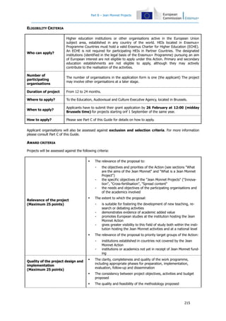Part B – Jean Monnet Projects
215
ELIGIBILITY CRITERIA
Who can apply?
Higher education institutions or other organisations active in the European Union
subject area, established in any country of the world. HEIs located in Erasmus+
Programme Countries must hold a valid Erasmus Charter for Higher Education (ECHE).
An ECHE is not required for participating HEIs in Partner Countries. The designated
institutions (identified in the legal basis of the Erasmus+ Programme) pursuing an aim
of European interest are not eligible to apply under this Action. Primary and secondary
education establishments are not eligible to apply, although they may actively
contribute to the realisation of the activities.
Number of
participating
organisations
The number of organisations in the application form is one (the applicant) The project
may involve other organisations at a later stage.
Duration of project From 12 to 24 months.
Where to apply? To the Education, Audiovisual and Culture Executive Agency, located in Brussels.
When to apply?
Applicants have to submit their grant application by 26 February at 12:00 (midday
Brussels time) for projects starting onf 1 September of the same year.
How to apply? Please see Part C of this Guide for details on how to apply.
Applicant organisations will also be assessed against exclusion and selection criteria. For more information
please consult Part C of this Guide.
AWARD CRITERIA
Projects will be assessed against the following criteria:
Relevance of the project
(Maximum 25 points)
 The relevance of the proposal to:
- the objectives and priorities of the Action (see sections "What
are the aims of the Jean Monnet" and "What is a Jean Monnet
Project")
- the specific objectives of the "Jean Monnet Projects" ("Innova-
tion", "Cross-fertilisation", "Spread content"
- the needs and objectives of the participating organisations and
of the academics involved
 The extent to which the proposal:
- is suitable for fostering the development of new teaching, re-
search or debating activities
- demonstrates evidence of academic added value
- promotes European studies at the institution hosting the Jean
Monnet Action
- gives greater visibility to this field of study both within the insti-
tution hosting the Jean Monnet activities and at a national level
 The relevance of the proposal to priority target groups of the Action:
- institutions established in countries not covered by the Jean
Monnet Action
- institutions or academics not yet in receipt of Jean Monnet fund-
ing
Quality of the project design and
implementation
(Maximum 25 points)
 The clarity, completeness and quality of the work programme,
including appropriate phases for preparation, implementation,
evaluation, follow-up and dissemination
 The consistency between project objectives, activities and budget
proposed
 The quality and feasibility of the methodology proposed
 